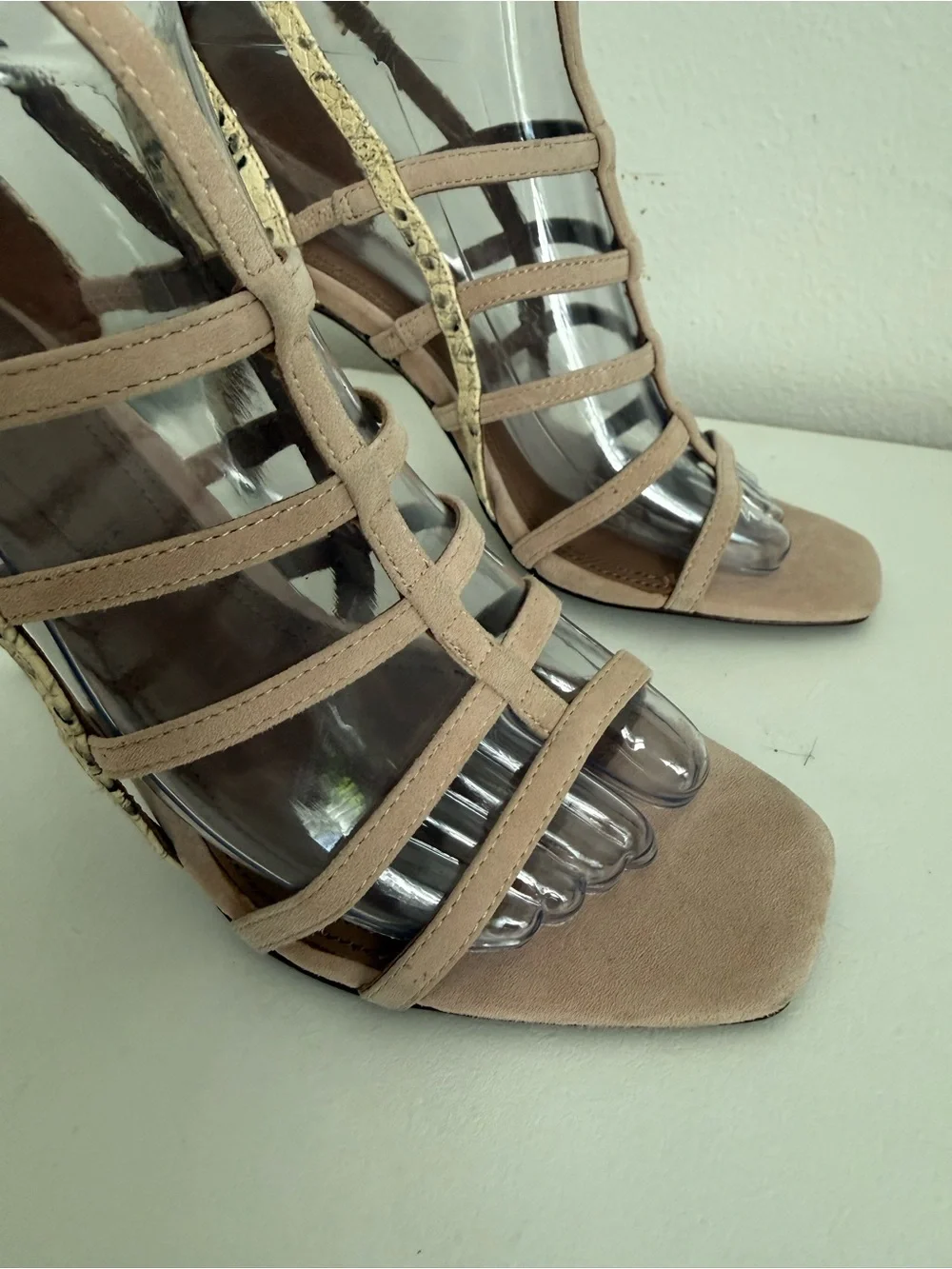 BCBGMaxAzria Nude Taupe Strappy High Heel Sandals with Snake-Print Trim